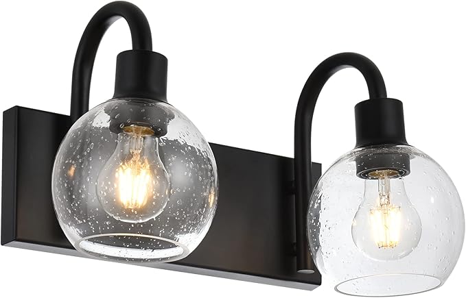 WINSHEN Bathroom Vanity Light with Globe Seeded Glass 2-Lights Industrial Black Wall Sconce Lighting for Foyer Hallway