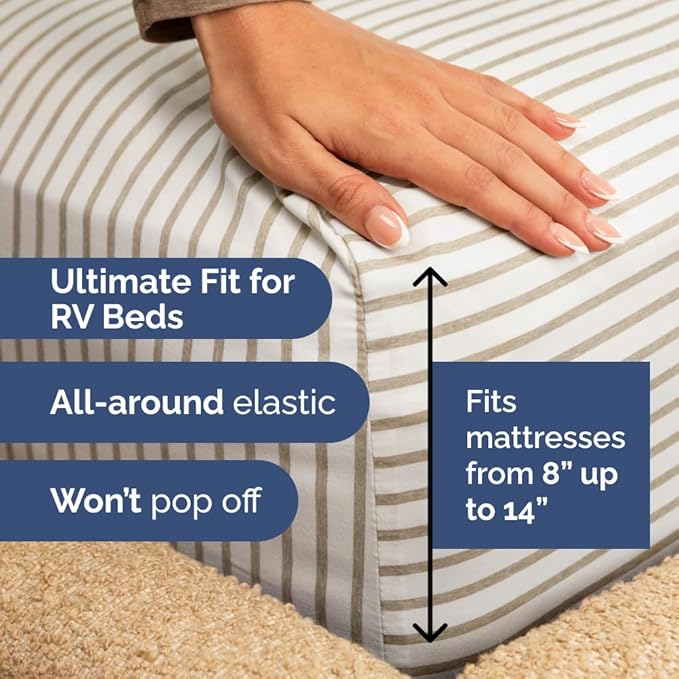 RV Short Queen Sheet Set 60 X 75 - 4 Piece RV Short Queen Bed Sheets - Soft, Breathable & Cooling - Designed for Bunks, Trailers & Campers - Fits 8” to 12" Mattress - Luxury Bedding - Beige Stripes 2