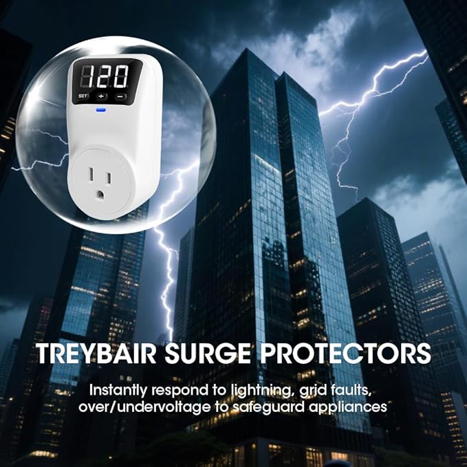 Smart Surge Protector Voltage Stabilizer Fireproof UL94V-1 Wall Mount Surge Protector Outlet for Refrigerator, TV & Heavy-Duty Appliances w/Real-Time Monitoring & Custom Voltage 80V-140V