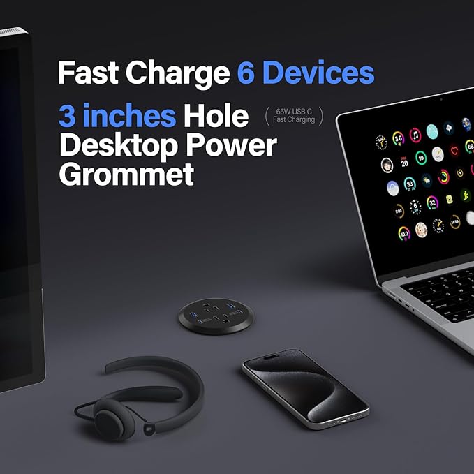 3 inch Desktop Power Grommet USB C,65W Fast Charging Station,Furniture Recessed Power Strip,2 Outlets,4 USB Ports,Flush-Mount for Desktop, Workspace Essential Desk Outlet,2 Pack (Black)