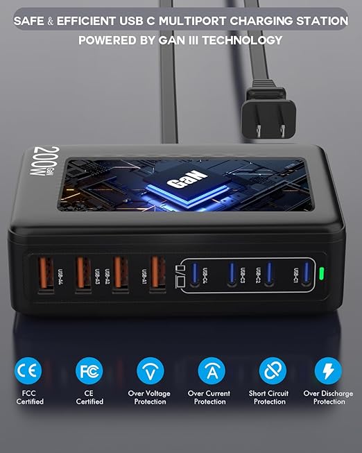 USB C Charger Block, 200W 8 Port USB C Charging Station, GaN Type C & A Charger Fast Charging Desktop Hub PD Block Laptop Adapter for Apple iPhone Air 17 16 15,iPad Pro/Air/Mini,MacBook Pro/Air,Galaxy