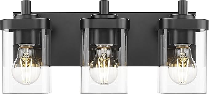 METWET Bathroom Light Fixtures Over Mirror, 3-Light Matte Black Vanity Light with Square Clear Glass Shade, Modern Wall Sconces, Vanity Lighting Fixtures, VL194-MB-3