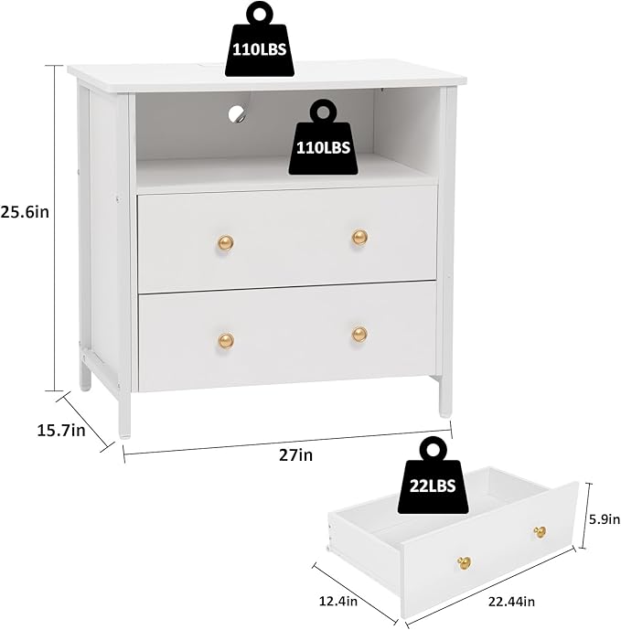 Tykacna 27 Inch Wide Night Stand, Large Wood Night Stand Set 2 with 2 Drawers, LED Nightstand with Charging Station and Adjustable Drawer, Bedside Table for Living Room/Bedroom/Study/Office, White.
