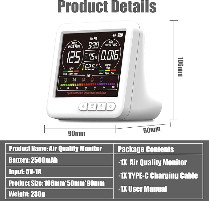 Professional Indoor Air Quality Monitor with 7X AQI,16 in 1 Portable Real-Time Detector for PM2.5 | PM10 | CO2 | TVOC | HCHO | Temp | Hum for Home Cars Plants Pets