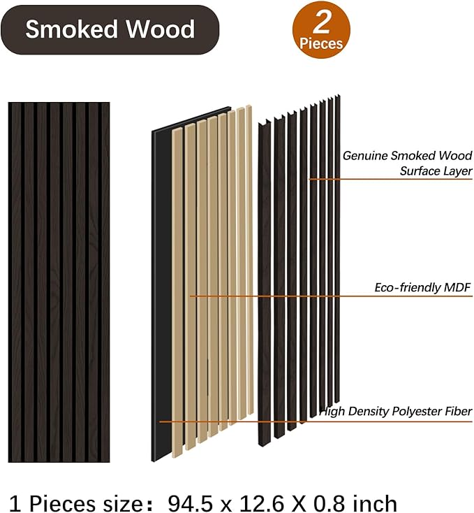 ARMURO Wood Panels for Wall, Wood Slat Wall Panel - 2 Pack, Black Wood Slats for Wall, Natural Smoked Wood Veneer Accent Wall Panels, Acoustic Slat Wood Wall Panels - 12.6" W x 94.5" L