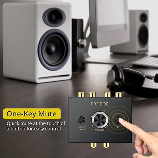 PROZOR 3.5mm & RCA Bi-Directional Audio Switch, 2-in-1-Out / 1-in-2-Out Passive Splitter with Volume Knob & Mute Button, Stereo L/R Audio Switcher Selector Box for Headphones, Amplifiers, Speakers
