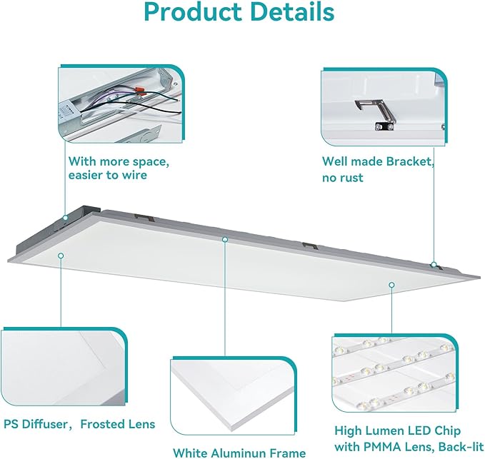 VocgoUU 2x4 LED Flat Panel Light for Drop Ceiling, 6600LM, 0-10V Dimmable, 40W/50W/60W Selectable, 4CCT 3000K/4000K/5000K/6000K, ETL Listed, 100-277V, 4 Pack