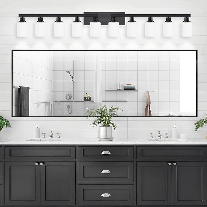 DIKAIDA 10 Light Bathroom Vanity Lights Over Mirror, 65.4 inch Black Vanity Lights Fixtures with White Glass Shades Matte Black Modern Vanity Lights Black Bathroom Wall Lighting for Mirror Bedroom