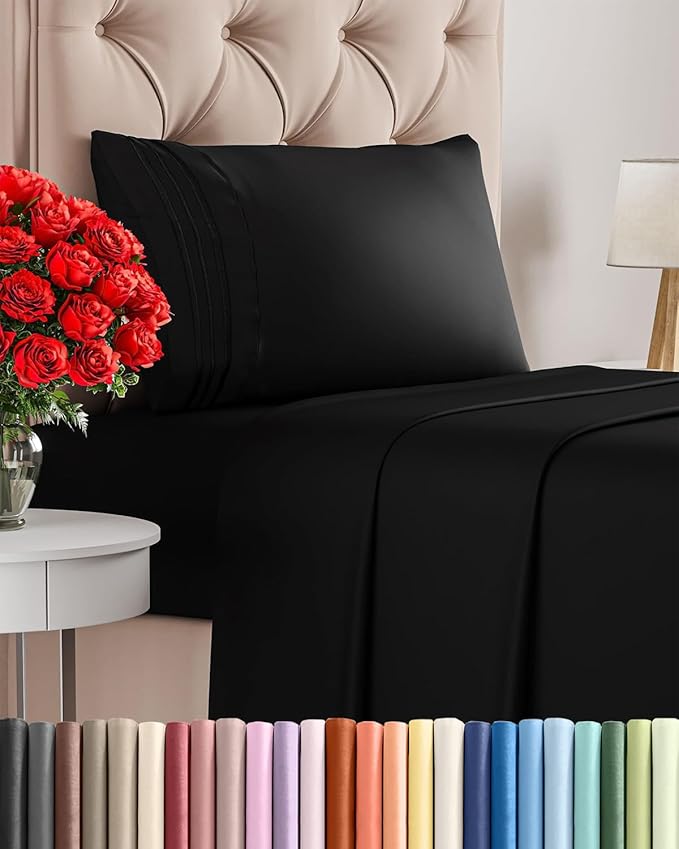 Twin Size 3 Piece Sheet Set - Comfy Breathable & Cooling Bed Sheets Set - Hotel Luxury Bedding for Women, Men, Kids, Teens, Boys & Girls - Deep Pockets, Ultra-Soft and Wrinkle Free - Oeko-Tex - Black