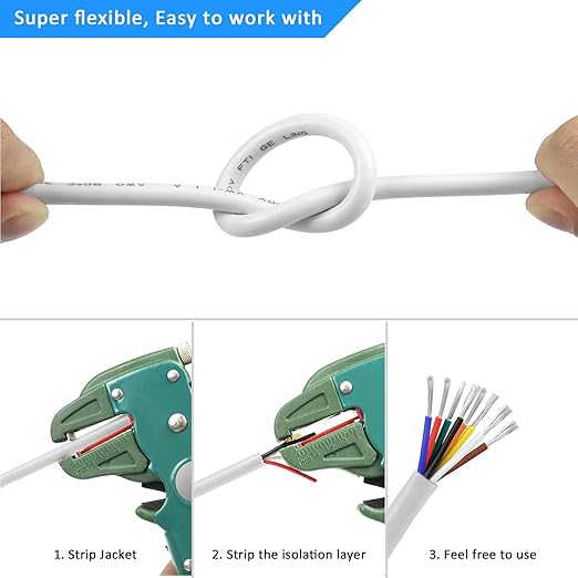 16 Gauge 8 Conductor Electrical Wire, 16.4FT White Stranded Low Voltage 16/8 PVC Case, 16 AWG Tinned Copper 8 Wire Extension Power for Strips LED Lamp Lighting