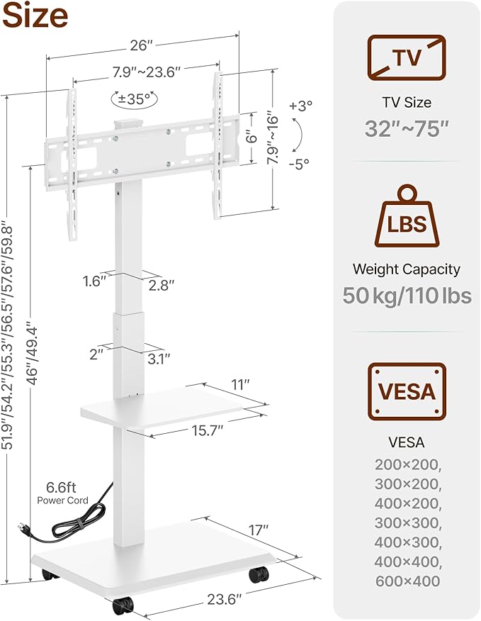 ECOTINY Steel Base Rolling TV stand with Power Outlet for 32-75 inch TVs up to 110 lbs, Leveling & Tilt & Swivel Mobile TV Stand with Hidden Wire Management, Height Adjustable Portable TV Stand, White