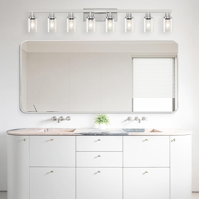 DIKAIDA 52inch Brushed Nickel Vanity Light Fixtures, 8 Light Brushed Nickel Bathroom Vanity Lights Over Mirror, Matte Nickel Modern Bathroom Wall Lighting for Mirror Bedroom,Living Room