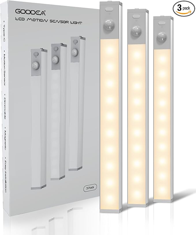 GOODEA Led Under Cabinet Lights Wireless, 7’’ Rechargeable Motion Sensor Light Indoor, Dimmable Closet Lights for Cabinets, Bookshelf, Stair, Hallway Warm White 3 pcs