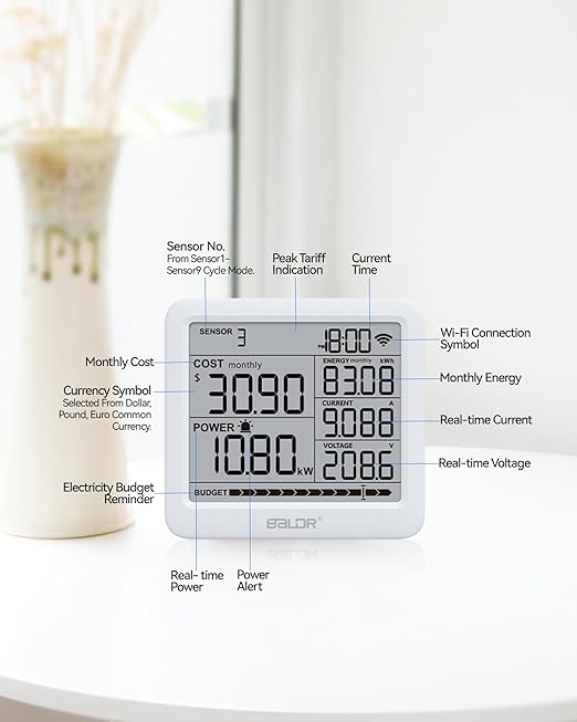 BALDR Wi-Fi Home Power Monitor Consumption Watt Meter w/Smart Socket - Electric Meter w/Tariffs & Budget Alerts, Power Meter Home Energy Monitor, Electricity Usage Monitor Smart- 2.4GHZ Network Only