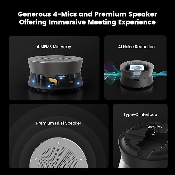 NEARITY A11 Conference Speaker and Microphone, 4 Mics USB Speakerphone with AI Noise Cancelling, 13ft Audio Pickup, Plug and Play Computer Speaker with Mic for Work/Online Conferencing/Home Office