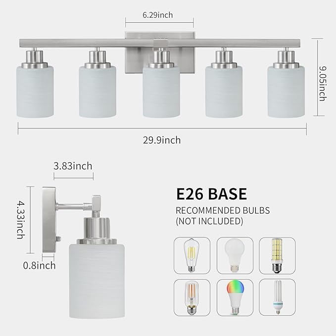 DIKAIDA 5-Light Bathroom Light Fixtures, 30" Nickel Bathroom Vanity Light with Milky White Glass Shade, Modern Bathroom Wall Lights Over Mirror, Farmhouse Wall Sconces Lighting for Bedroom Living Room
