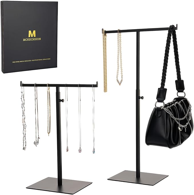 Purse Display Stand Jewelry Towers - 2 Pack Purse Stand Handbag Bag Display Black Tabletop Stainless Steel Hook Hanging Jewelry Stands for Necklaces Organizer Adjustable Height Home Store Boutique