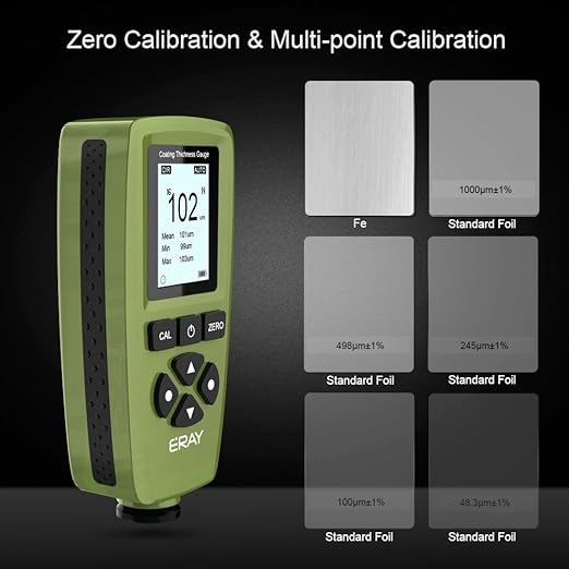 Mil Thickness Gauge, Coating Thickness Gauges, ERAY Paint Depth Gauge Meter with Backlight LCD Display for Car Automotive, Limit Alarm/Data Storage/Export Data/PC Software Analysis (Green)