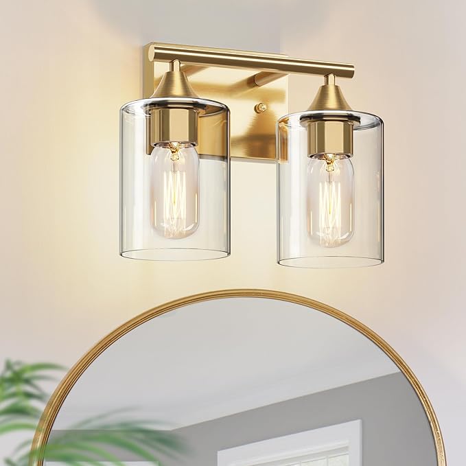 XPEHK Gold Vanity Lights for Bathroom,2-Light Bathroom Light Fixtures,Brushed Brass Gold Wall Sconce Lighting,Modern Wall Lamp for Mirror Bedroom Vanity Table Hallway