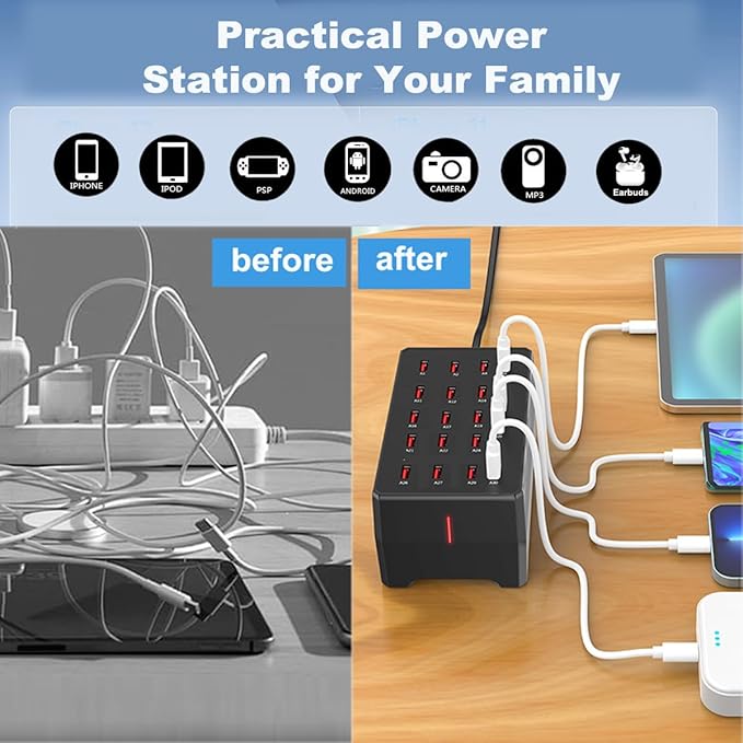MaxLax 20-Port USB Charger Station, 100W/20A, Compatible with Smartphones, Tablets, and Other USB Devices