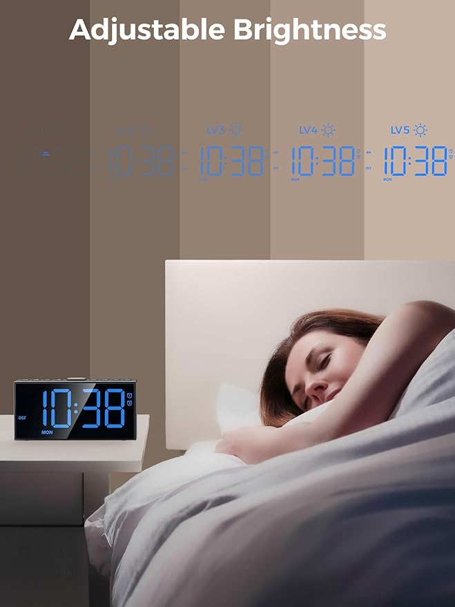 PPLEE Digital Alarm Clocks for Bedrooms Heavy Sleepers, 2 Alarms,Upgrade 7-5-2 Mode, Large Number Alarm Clock with USB Charger Ports,12/24H,Memory Function, Dimmable Simple Alarm Clock for Kids Senior