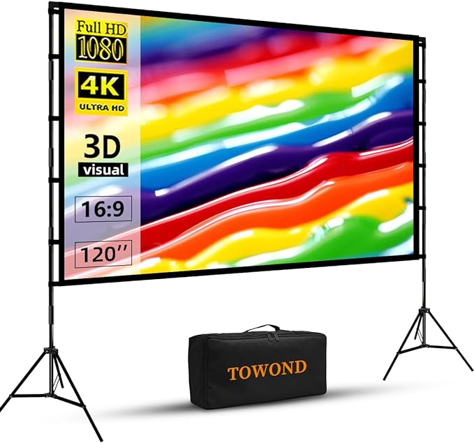 TOWOND Outdoor Projector Screen with stand, 120 inch Portable Movie Screen - 16:9 4K HD Foldable Anti-Crease Projection Screen with Carry Bag for Movie Nights, Camping and Parties Support Double Sided