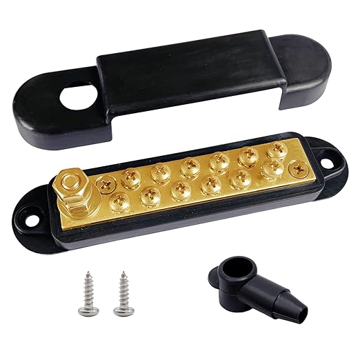 1/4" Stud Power Distribution Block Bus Bar with 12 x #8 Screws, Ampper 5.3" 12V 150A Marine BusBar Brass Battery Distribution Block W/Cover for Car Boat Solar (Black)