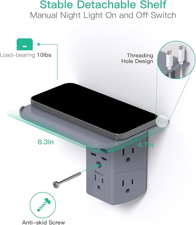 PD20W Wall Outlet Extender, Outlet Splitter with Shelf and Night Light, USB Wall Charger with 5 AC Outlets and 3 USB A Ports 1 USB C Ports Wide Space 3-Sided Power Strip Multi Plug Outlets Gray