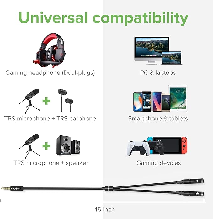 ChargeWorx 3.5mm Mic and Headphone Jack Splitter, Y-Splitter Adapter with High-Fidelity Sound Quality, Compatible with Smartphone, PC, Laptop, Tablet, and Gaming Consoles, Tangle-Free Cable