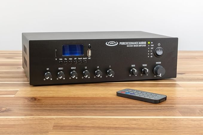 Pure Resonance Audio MA120BT 120W 7-Channel Bluetooth Mixer Amplifier with USB, TF, and Remote Control - XLR, 1/4 TS, RCA Inputs, 70V/100V/4-16 Ohm Output for Commercial Audio Systems