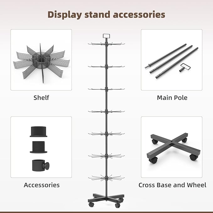 YEOOE Retail Display Racks 7 Tier Spinning Display Stand, Movable Shop Spinner Rack with Hooks, Retail Display Stand for Jewelry Keyring Hats Socks Toys (Black)