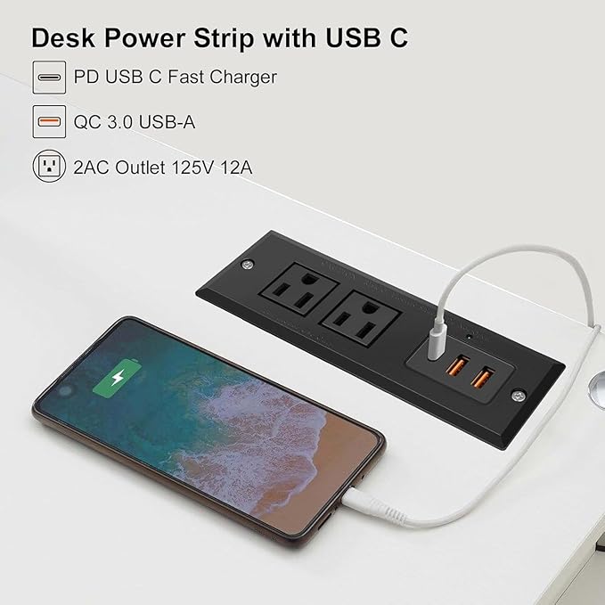 20W Recessed Power Strip USB C Fast Charge Desk Power Outlet Type C Flush Mounted Extension Power Plug for Conference Countertop Desktop Drawer Sofa ETL Listed 10ft Power Cord