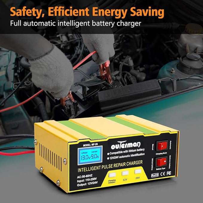 Outerman Car Battery Charger 12V 24V Lithium Battery Charger, Auto Battery Charger Maintainer for Car Boat Motorcycle Lawn Mower Lead Acid Battery or Lithium Battery Capacity: 6AH~105AH