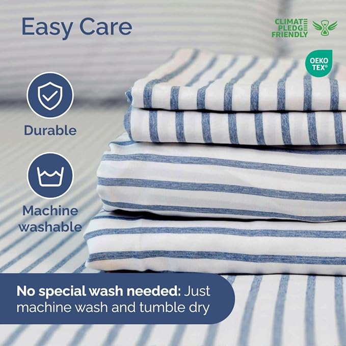 RV Short Queen Sheet Set 60 X 75 - 4 Piece RV Short Queen Bed Sheets - Soft, Breathable & Cooling - Designed for Bunks, Trailers & Campers - Fits 8” to 12" Mattress - Luxury Bedding - Blue Stripes 2