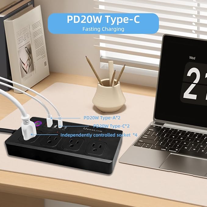 UseeLink Smart Power Strip, 4 Outlets and 4 USB Ports 2A2C, 5 ft. Cord, Surge Protector with Voice Control, APP WiFi Control, Compatible with Alexa & Google Home, No Hub Required, Black