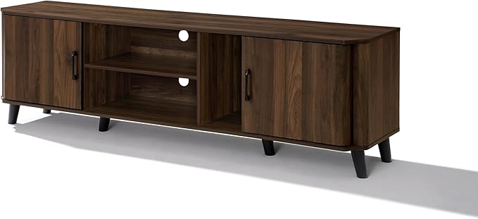 LuxenHome 70 Inch TV Stand, Mid Century Modern TV Stands for Living Room for TV Up to 75", Walnut Media Console Entertainment Center with Storage, Brown TV Consoles for Living Room with Curved Edge