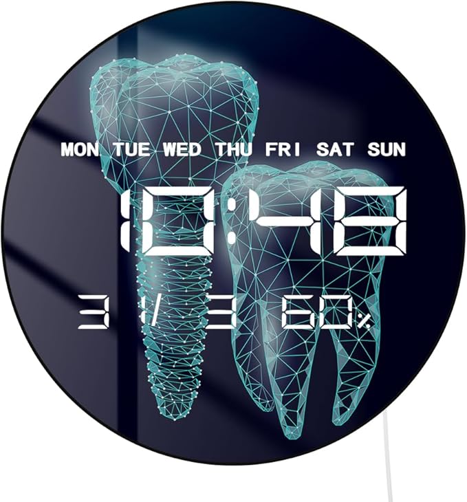Timethink 12'' Molar Tooth Digital Wall Clock Large Display, Dental Clinic Electric Wall Clock Medical Dentist Clock with Temperature, Automatic Dimming, Date, 12/24hr Format for Dental Office Decor