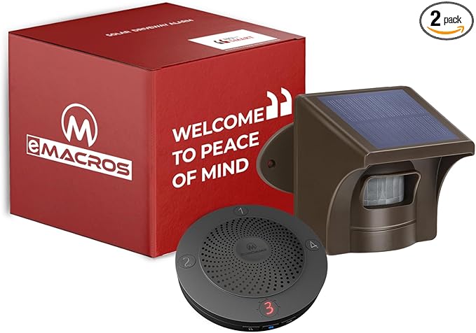 eMACROS Solar Wireless Driveway Alarm — 1/2 Mile Long Range Motion Sensor for Long Driveways, Homes & Large Properties, Outdoor Weatherproof Security Alert System, Plug‑in Receiver