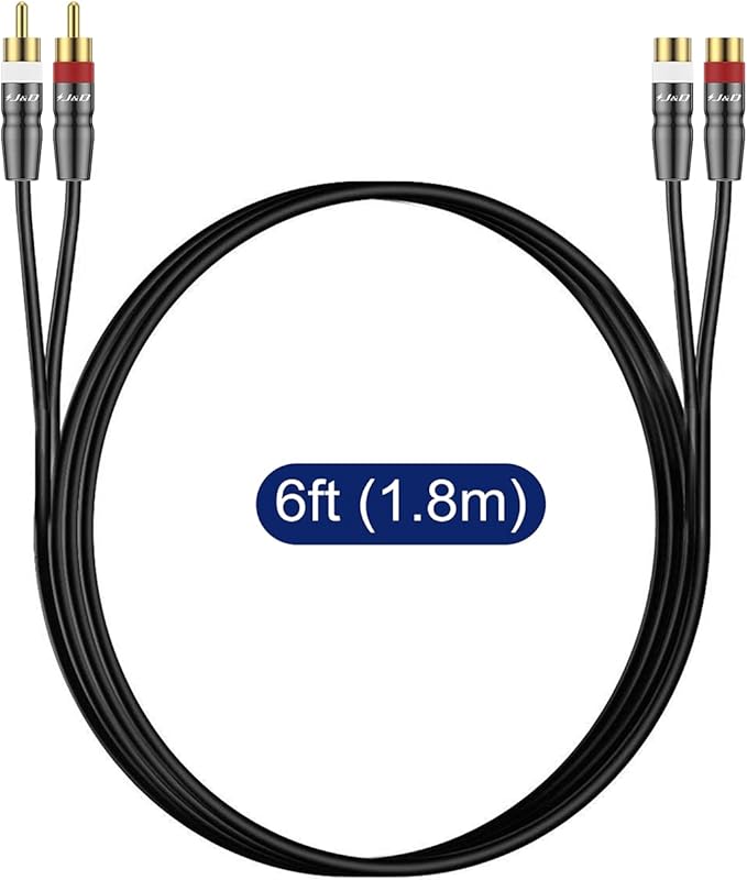 J&D 2 RCA Extension Cable Male to Female, Copper Shell Gold-Plated 2RCA Male to 2RCA Female Cable Stereo Audio Extender Cord Adapter, 6 Feet