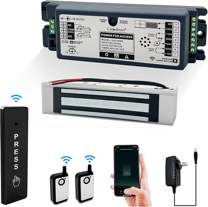 2.4GHz WiFi Access Control 400lb Holding Force Electic Magnetic Door Lock System Kit with Remote and Smartphone app Control, paired with Wireless Slim Push Switch (Electric Magnetic Lock kit)