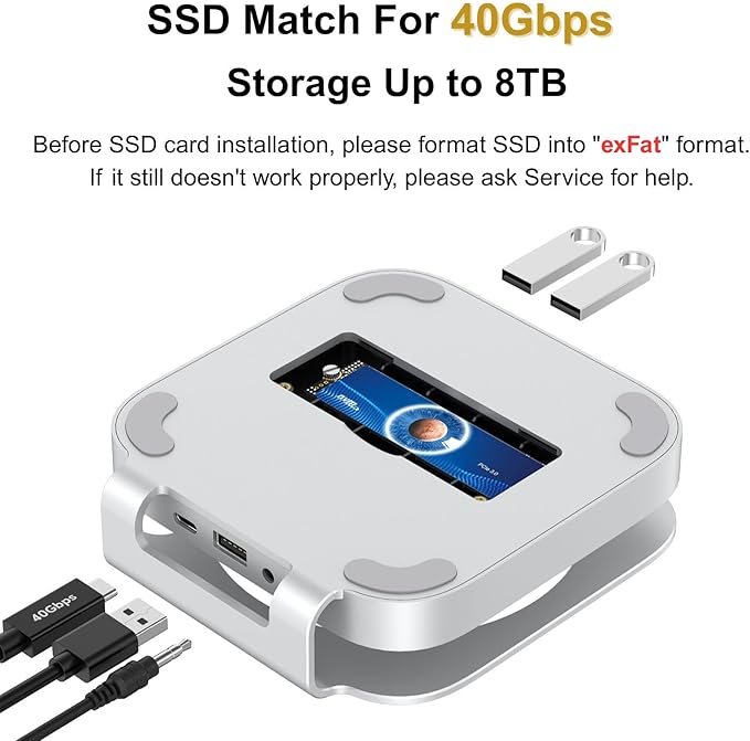 Akkyajaure 40Gbps USB4 Hub & Stand for Mac mini M4/M4 Pro, All-Aluminum Docking Station with 40Gbps M.2 SSD (NVMe PCle) Enclosure, 3*USB 2.0, 3.5mm Audio, USB4 Host | Mac mini M4 USB-4 Dock