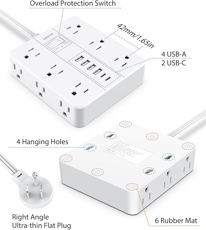 Power Strip Surge Protector 23ft Extension Cord,SMNICE Flat Plug with 12 Outlets 6 USB(2 USB C),Surge Protector Charging Station with Overload Protection for Home, Dorm,Office