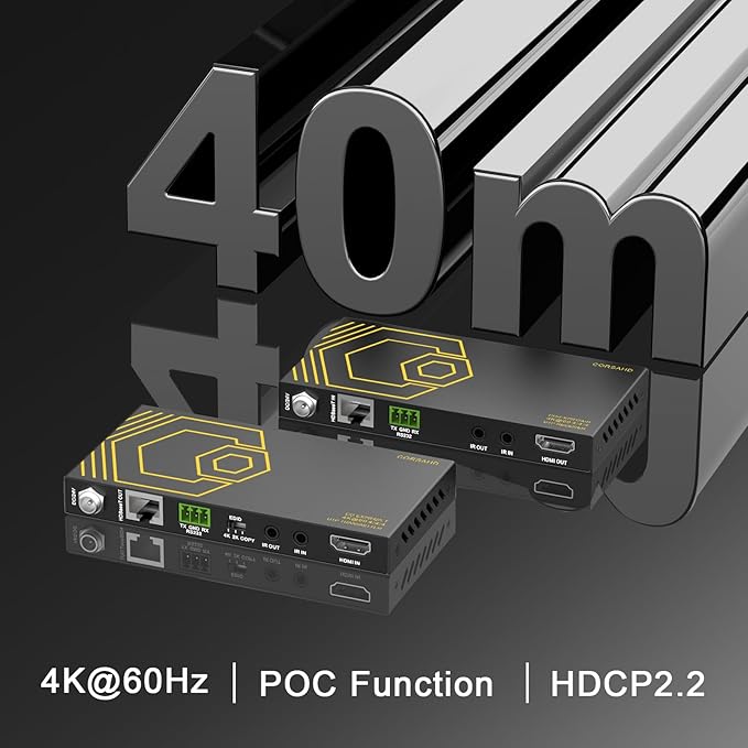HDMI Extender Over Ethernet 4k 60HZ Uncompressed 18G/BPS Over Single Cat5/6 up to 40m(165ft), RS232+POE+IR+HDCP2.2, HDR CEC EDID Management.