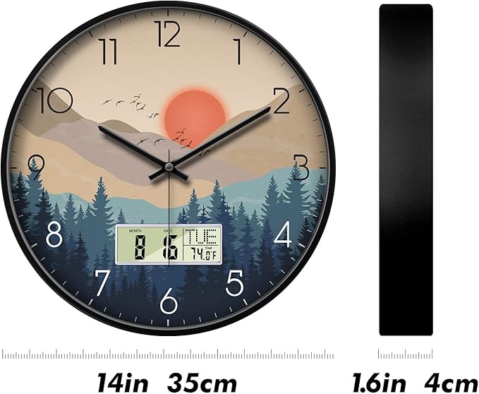 Silent Wall Clock with Day Week Temperature Wilderness with Sunset Non-ticking Battery Operated Large Digital Modern Clocks Display with Calendar and Date for Kitchen Farmhouse Bathroom Office 14 Inch