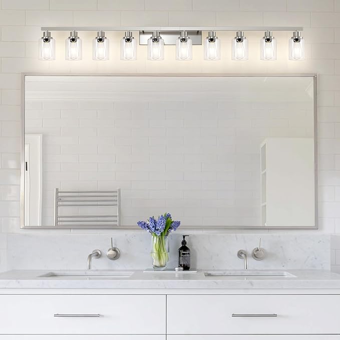 DIKAIDA Brushed Nickel Bathroom Vanity Light,10-Light Vanity Lights with Clear Glass,64.5in Modern Bathroom Wall Lights Fixtures Over Mirror,Wall Sconces Lighting for Bedroom Living Room,E26