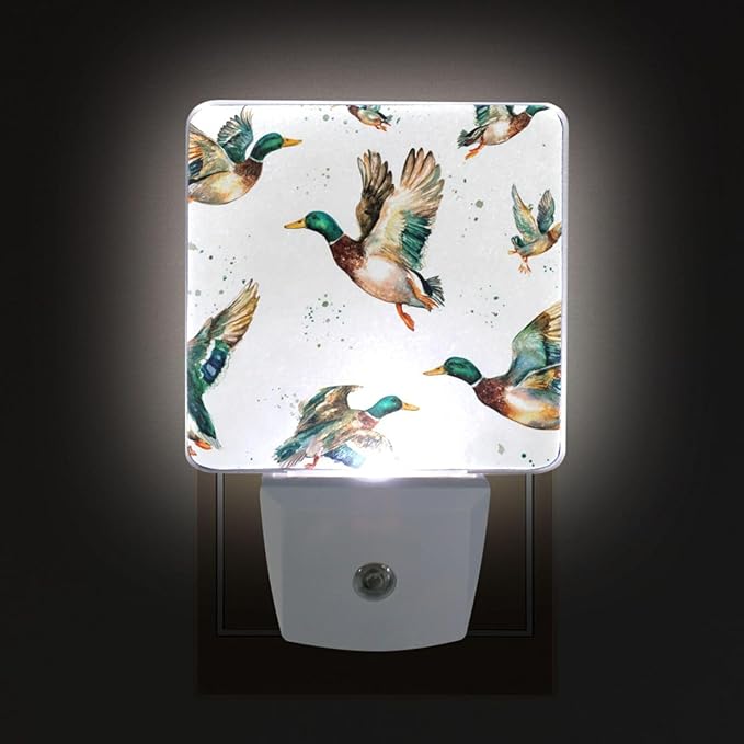 Pigsaly Led Night Light Watercolor Flying Mallard Ducks Night Light Plug in Wall Lamp Smart Dusk to Dawn Sensor Nightlight Led Lamp Energy Saving Lights Gift for Kids Room Bedroom Bathroom Hallway