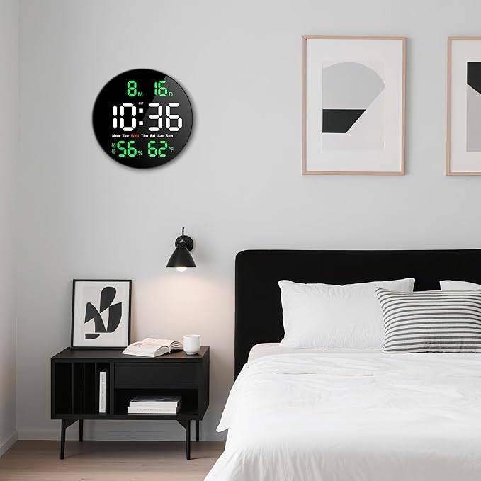 Brauthon Large Digital Clock for Classroom, Digital Classroom Clocks for Teachers, 10" Round LED Clock with Large Display，Date, Countdown Timer, Remote Control, Temperature, Electric (Green)