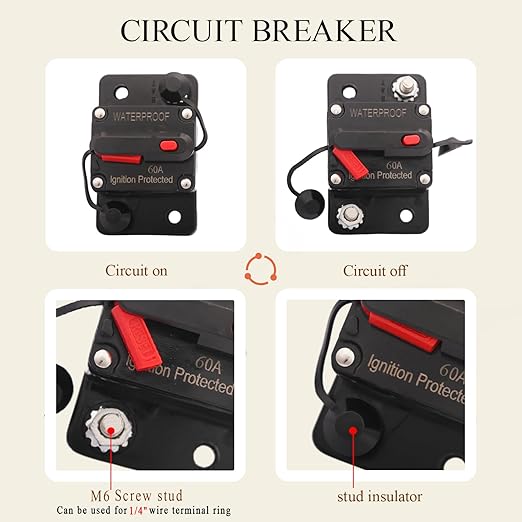 60 Amp Circuit Breaker with 6 AWG 1/4" Ring Terminal for Boat Trolling Motor Marine ATV Trailer Vehicles Stereo Audio Electronic Battery Solar System Inline Fuse Waterproof Manual Reset 12V-48V DC