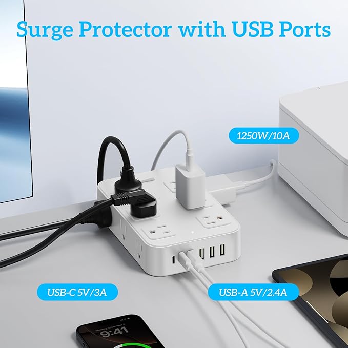 Solidock Flat Plug Power Strip Surge Protector with 12 AC Outlets 6 USB Ports 3 Side Multi Plug Outlet Extender 5 Ft Extension Cord for Home Office Kitchen Dorm Wall Desk Charging Station ETL Listed