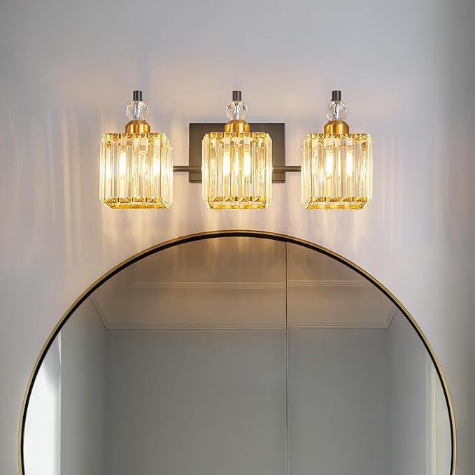 BBLLWJ Bathroom Vanity Lights 3-Light Bathroom Light Gold Brushed Brass Finish Crystal Vanity Light Fixtures Modern Black and Gold Bathroom Light Fixtures Over Mirror